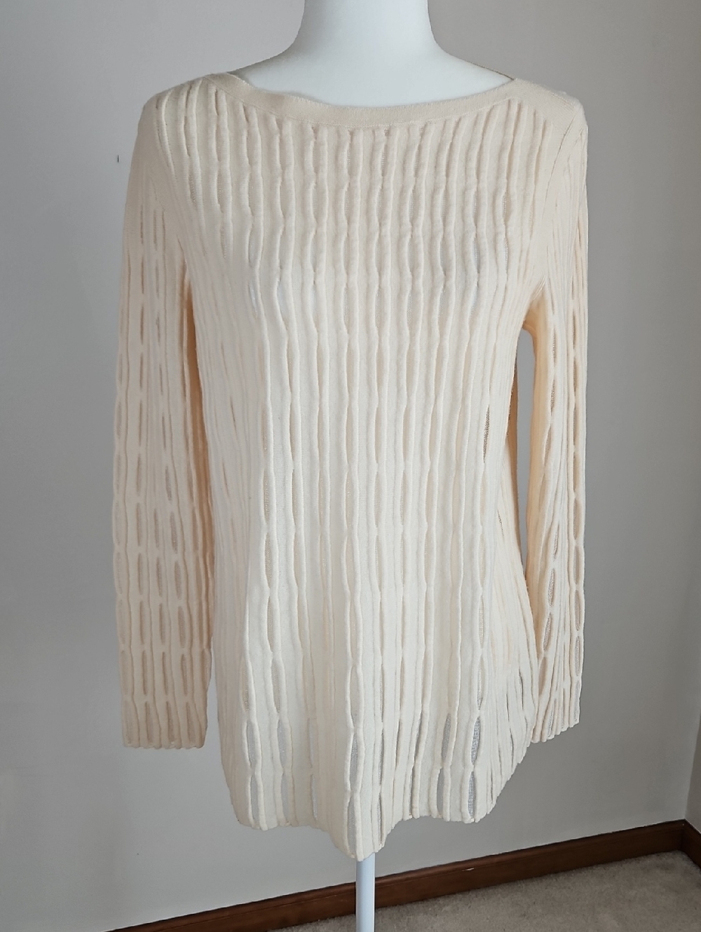 Lafayette 148 SZM Wool Cashmere Textured Sheer Mesh Insets Sweater Fisherman Lux